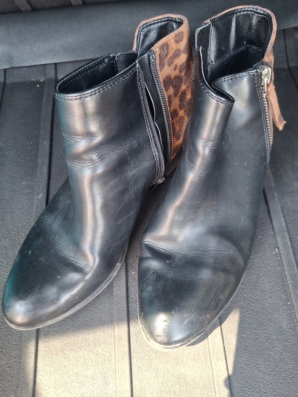 Black Leather Ankle Booties with Leopard Accent